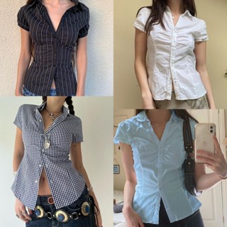 (sẵn) Áo sơ mi nữ cộc tay dáng ôm hoạ tiết kẻ sọc caro màu trắng đen xanh trơn chất thô ASM008 - Tiktik