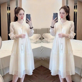  Váy bầu xinh Voan hai lớp phối cúc phong cách Tiểu thư sang trọng phù hợp mặc đi dự tiệc đi làm công ty du lịch 