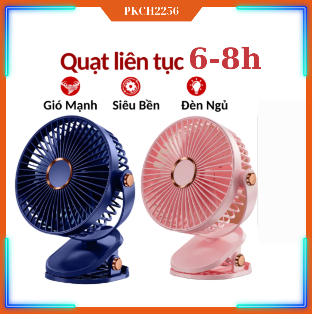 Quạt kẹp bàn mini xoay 720 độ, pin 6-8 tiếng, có đèn led, động cơ không chổi than chạy cực êm