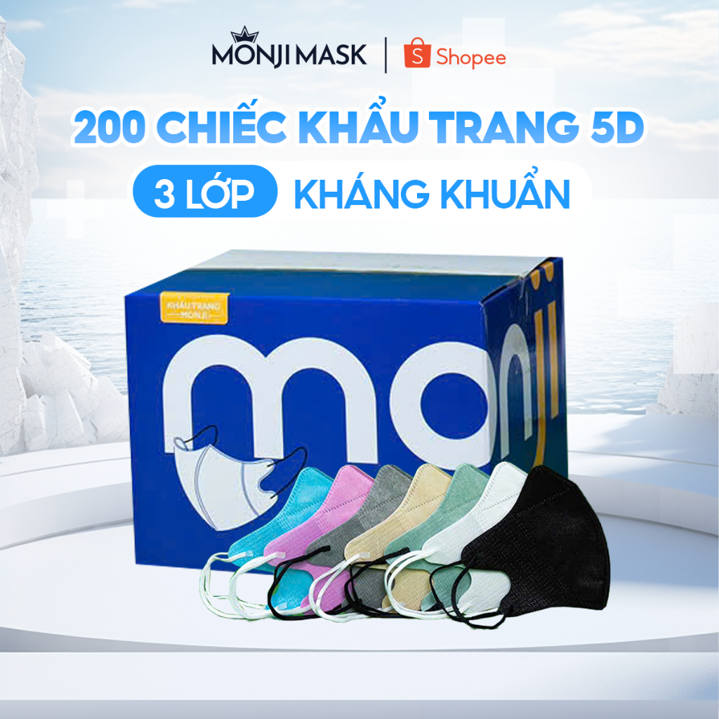 Combo 200 Chiếc Khẩu Trang 5D Monji 3 Lớp Vải Lọc Khuẩn Ngăn Bụi, Ôm Sát…