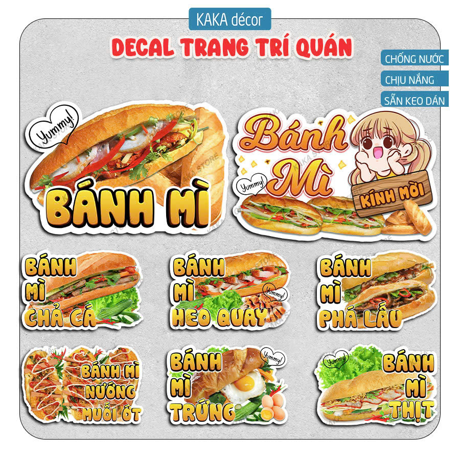Decal Bánh Mì Các Loại Trang Trí Dán Tiệm Bánh Mì, Xe Bánh Mì, Quán Ăn, Trà Sữa, Cà Phê - Chất Liệu Chống Thấm Nước.