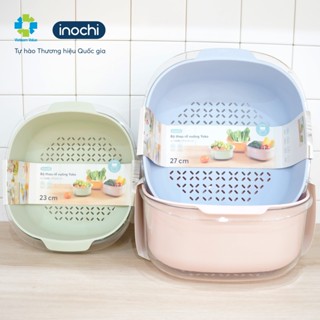 Bộ thau rổ vuông Yoko 23cm , 27cm kháng khuẩn thau rổ có thể tách rời tiện dung Inochi