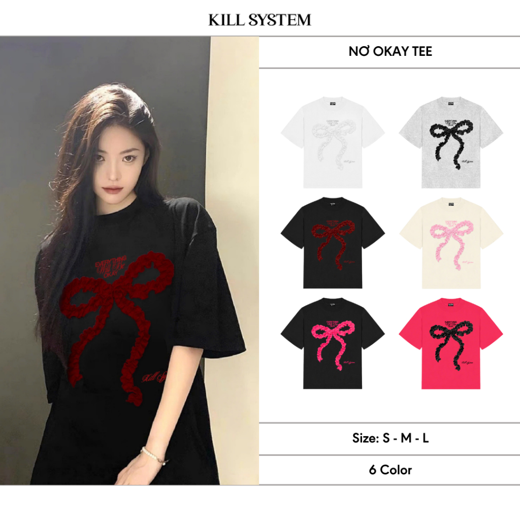 Áo thun Nơ OKAY Killsystem oversize hình nơ nổi may nhún chất cotton | BigBuy360 - bigbuy360.vn