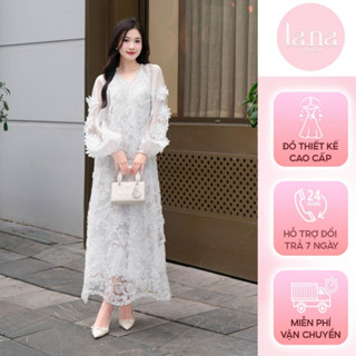Đầm váy Nữ tiểu thư thiết kế cao cấp La.Na bánh bèo dài tay màu trắng họa tiết hoa chất liệu ren phối tơ hàn - V039