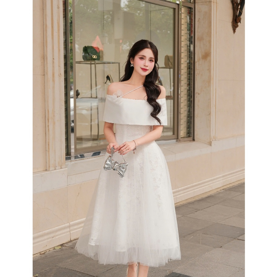 ZAMY SHOP – Váy TK Zen Phối Voan Dáng Dài Trễ Vai Bản Có Dây Vắt Chéo Tiểu Thư Dịu Dàng, Thanh Lịch