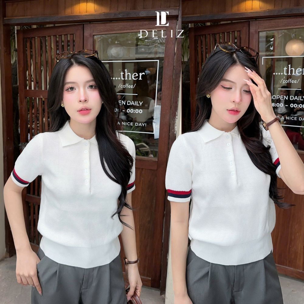 [KOL] Áo len mỏng dáng thom cổ polo cộc tay basic màu xanh chất len lông thỏ mềm PL10 DELIZ