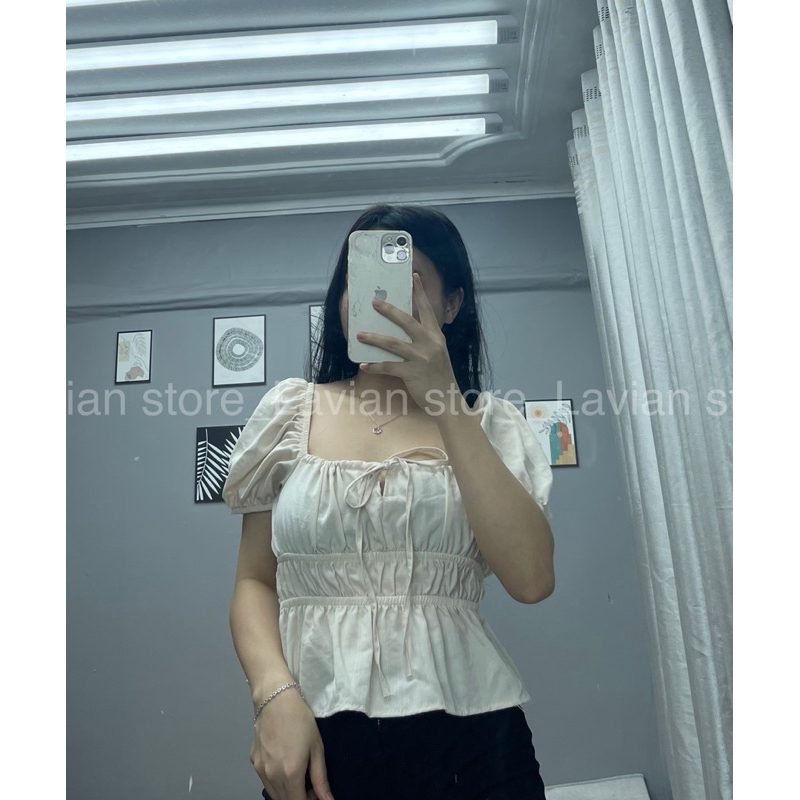 Áo babydoll dúm eo mặc trễ vai hoặc trên vai cổ buộc nơ, áo tiểu thư tay xinh LAVIAN A12