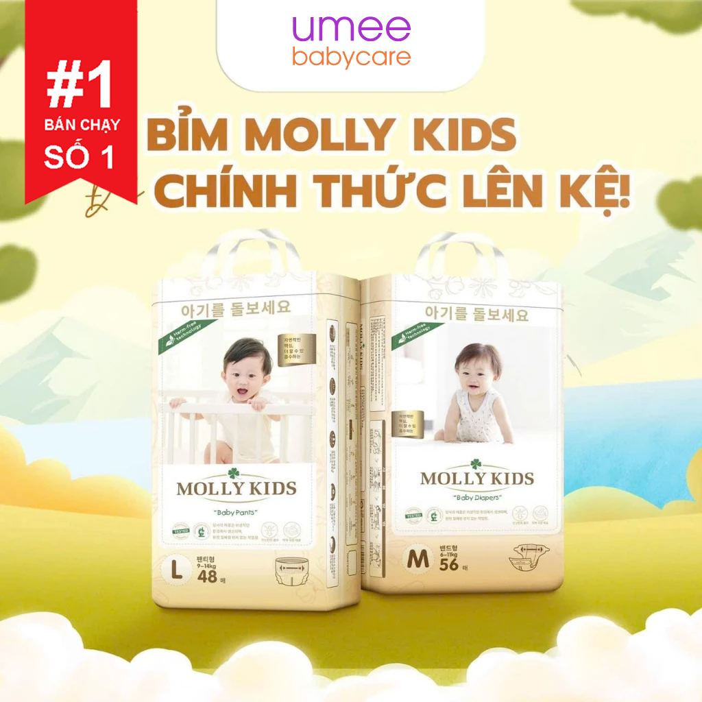 Tã Bỉm MOLLY KIDS Công Nghệ Hàn Quốc Dán/Quần Đủ Size NB66/S62/M56//M52/L48/XL44/XXL42/3XL40/4XL38