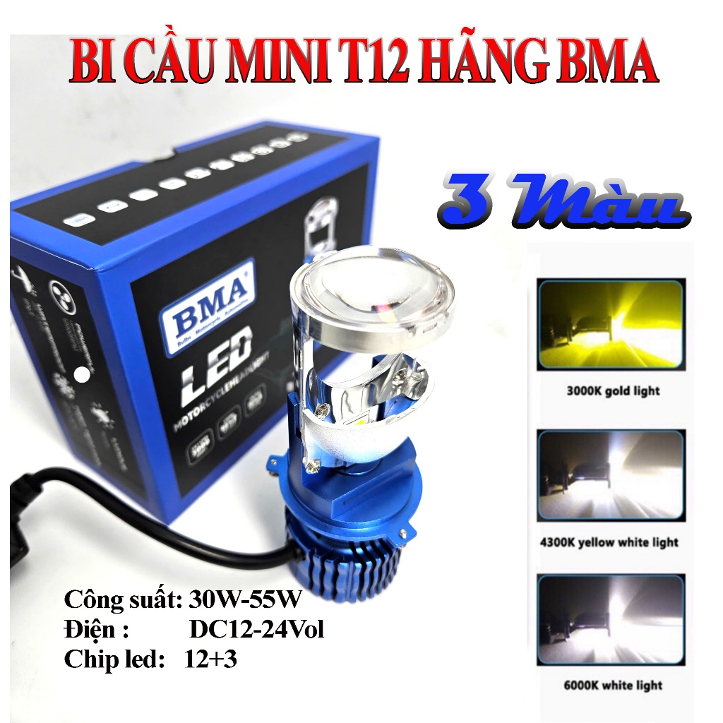 (CHUẨN CHÍNH HÃNG BMA)  ĐÈN PHA LED MINI T12 3 MÀU LẮP OTO, XE MÁY