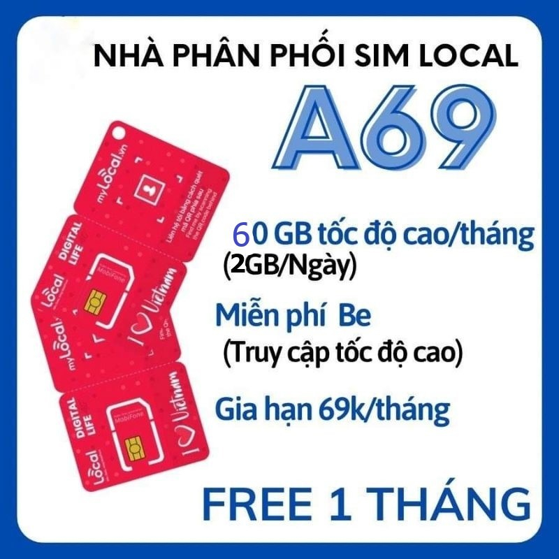 SẴN 1 THÁNG Sim Mobi Local + VNSKY Free Vào Mạng Tốc Độ Cao Miễn Phí Nghe Gọi Giá Rẻ SIM A69 A79 A89