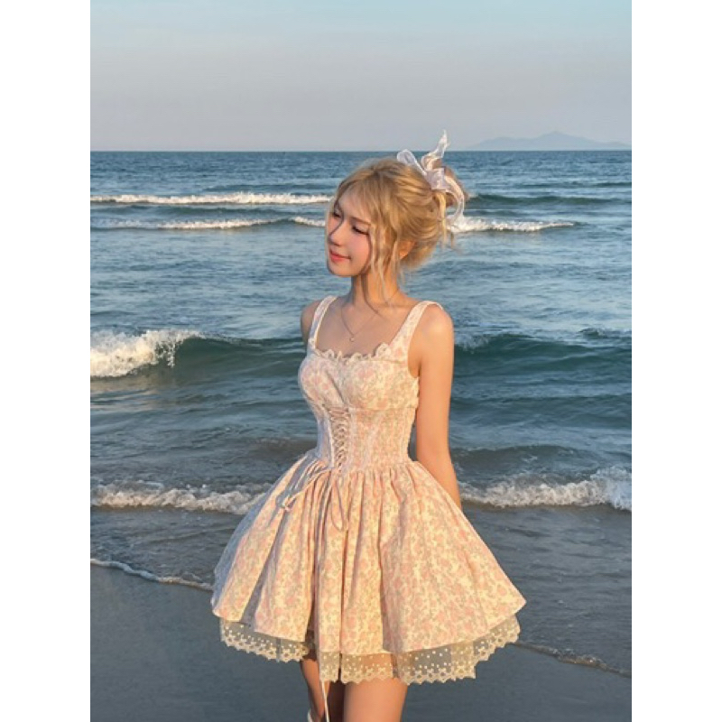 [NANCY DRESS][có sớm]Đầm hoa nhí brand FLEURIE đan chun eo ôm form,tôn tặng kèm dây thắt corset dáng