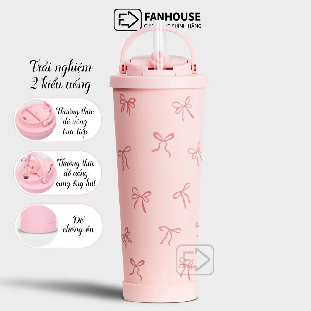 Ly giữ nhiệt cao cấp Pastel v2 850ml hút trà sữa trân châu bình giữ nhiệt 16h Fan House inox 304