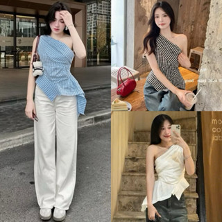 Áo sơ mi lệch vai xếp ly tay ngắn, áo sơ mi nữ, Lipeo.store