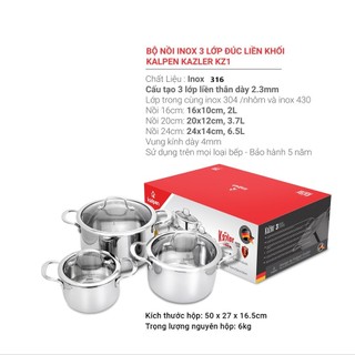 Bộ nồi inox 304 liền đáy Kalpen Kazler KZ1, 3 nồi size 16-20-24cm