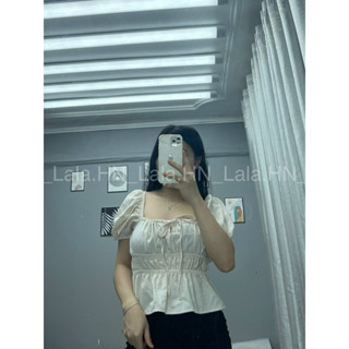 Áo babydoll dúm eo mặc trễ vai hoặc trên vai cổ buộc nơ, áo tiểu thư tay xinh LALASTORE A12