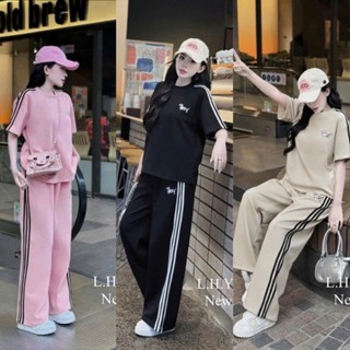 Set Bộ Đồ Mì Hàn Thom Thêu Cún Áo Phong Ngắn Tay Sọc Vai Mix Quần Suông Dài Ống Rộng chất mềm mịn cực hot 2025