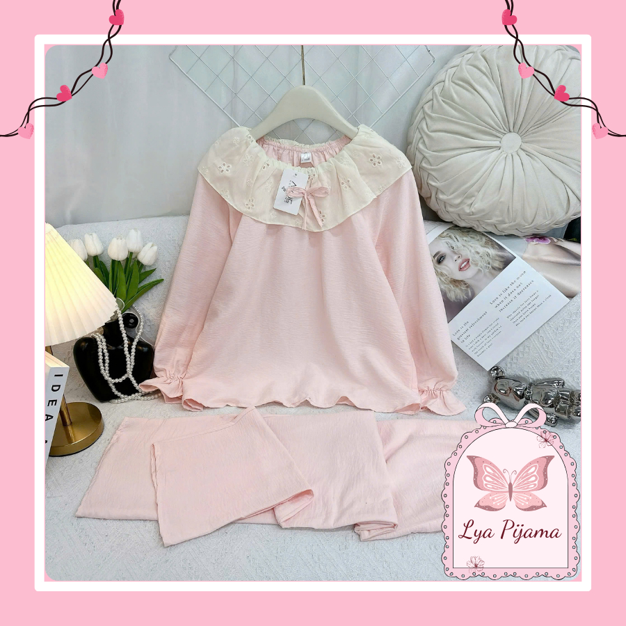 Set đồ ngủ nữ hồng phấn chất vải đũi lạnh Hàn Quốc, đồ bộ tiểu thư dài tay cổ voan bèo free size 40-