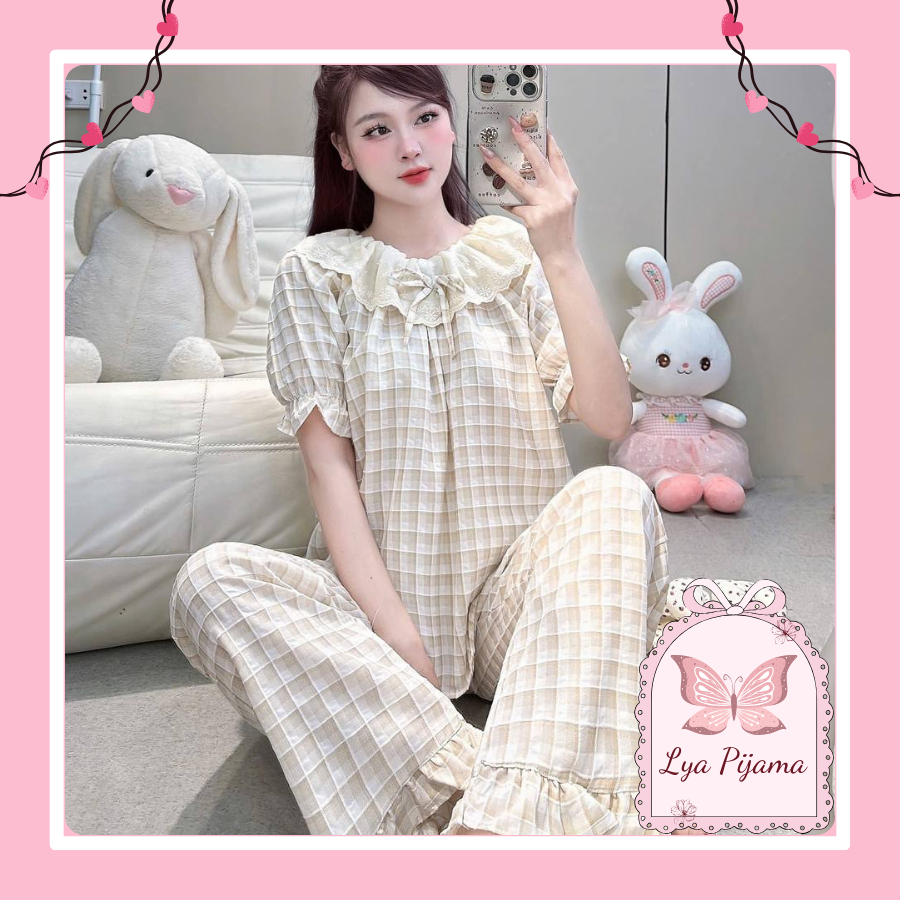 Set đồ ngủ nữ caro chất vải đũi lạnh Hàn Quốc, đồ bộ tiểu thư ngắn tay cổ voan bèo free size 40-65KG