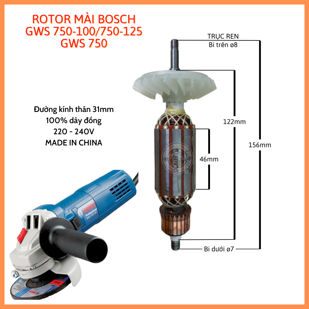 Rotor mài BOSCH GWS 750-100, GWS 750-125 220V - Tặng chổi than
