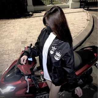 Áo khoác gió vương miệng bản thêu đen 2 lớp bản bo chun gân dành cho nam nữ 1