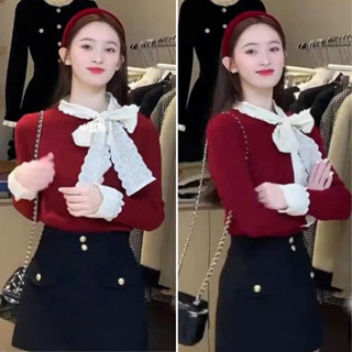  Áo Thun Nữ Tay Dài Kèm Nơ Thắt Phối Ren Siêu Xinh A105 