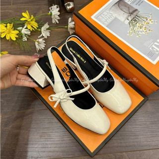Giày cao gót quai ngang dán đính nơ gót vuông 3p full hộp ( AH44 )