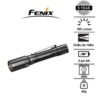 Đèn pin EDC FENIX E20 V2 Sáng 350 Lumens Chiếu xa 126m sử dụng 2 pin AA