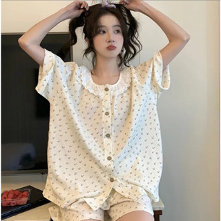 Bộ ngủ cộc tay đùi cổ tròn phối ren cotton pijama họa tiết hoa nhí dễ thương bộ bầu bigsize mặc nhà thời trang hè 114