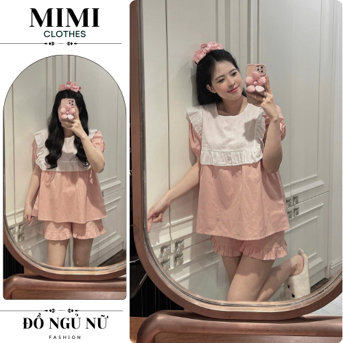 Đồ ngủ nữ, bộ mặc nhà pijama cộc tay phối màu trắng hồng viền bèo siêu xinh MIMI CLOTHES hcom25677
