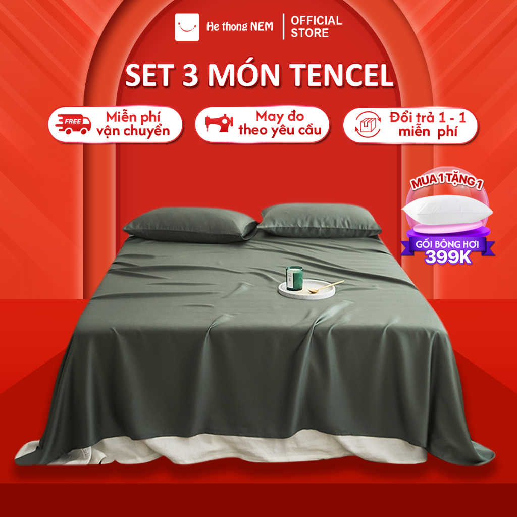 Bộ ga 3 món Hệ Thống Nệm cao cấp Bộ set ga drap grap phủ trải giường gối nệm đệm 3 món lụa tencel ca