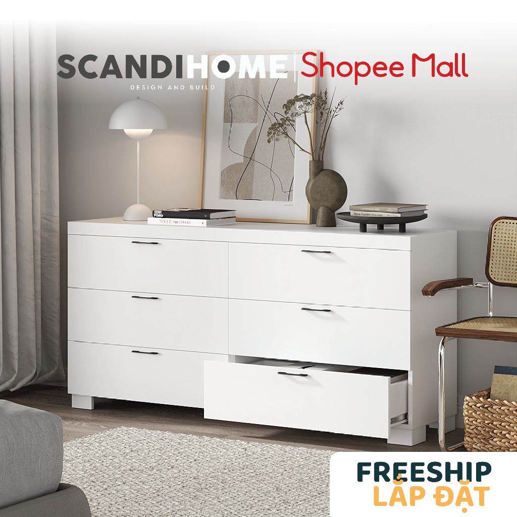 ENRIQUE, Tủ lưu trữ đồ dùng 3 tầng 6 ngăn kéo DRA_117, 156x40x76cm, tủ gỗ Scandi Home