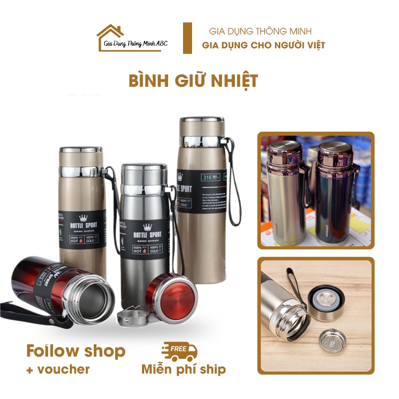 Bình nước giữ nhiệt 1000ml ruột inox 304 cao cấp LoChi, bình giữ nhiệt nóng lạnh có lưới lọc trà và dây treo New