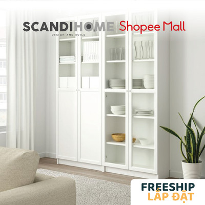 JELLY, Kệ sách 6 tầng 2 gian cửa kính cổ điển SHE_068, khoan tường cố định 160x30x202cm, kệ gỗ Scandi Home