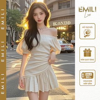 Váy ngắn trễ vai tay bồng Emili đầm ngắn ôm body phối bèo phong cách Hàn Quốc [v440]