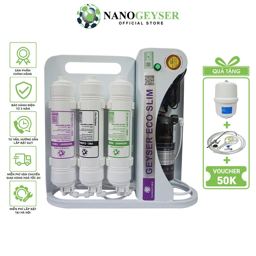 Máy lọc nước Nano Geyser ECO SLIM, Công nghệ lọc nước tinh khiết RO, Bảo hành 5 năm