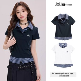  Áo Nữ Kiểu MICHIO Phối Sơ Mi Caro Ngắn Tay Form Ôm Thêu Ngực Cao Cấp Phong Cách Hàn Quốc 