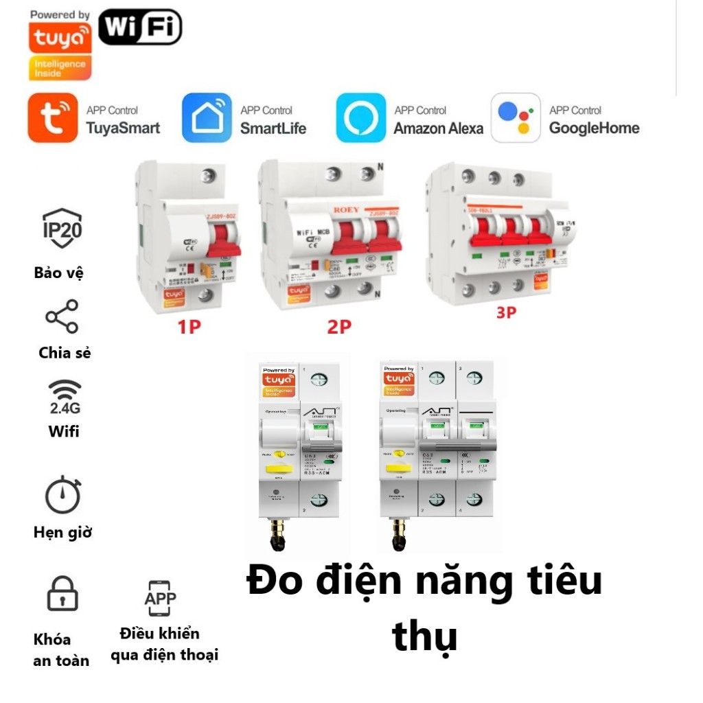 Aptomat CB thông minh (Đo điện) Wifi Tuya 80A 60A 40A 32A 25A  bật tắt từ xa qua điện thoại