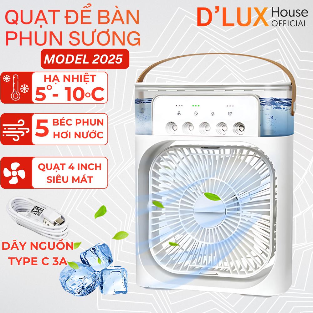 Quạt Phun Sương Để Bàn Làm Mát 3 Chế Độ Có Chế Độ Hẹn Giờ, Quạt Điều Hoà Hơi Nước Mini Có Đèn Led