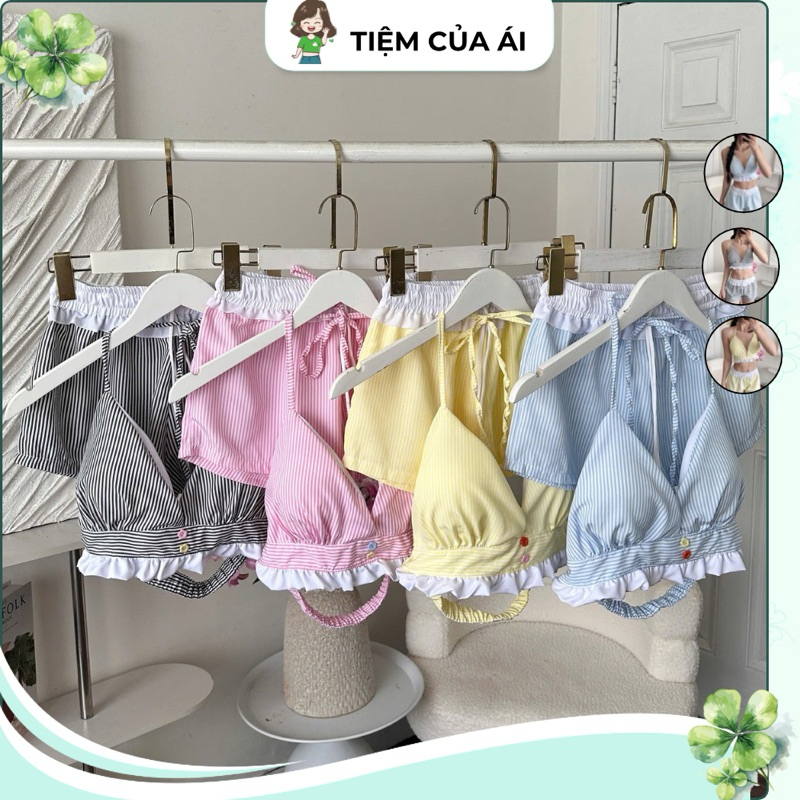 (Có size) Set Áo Bra Đi Biển Viền Bèo Đính Nút Kate Sọc và Quần Short Dây Rút