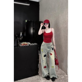  Quần jeans nữ ống suông vai qc phối thêu bàn tay Q1501 dài 105cm 