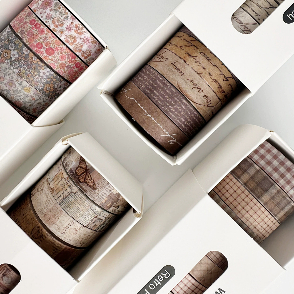 Washitape hộp theo collection vintage, hoa cỏ, dùng làm bullet journal, trang trí sổ-STHM stationery