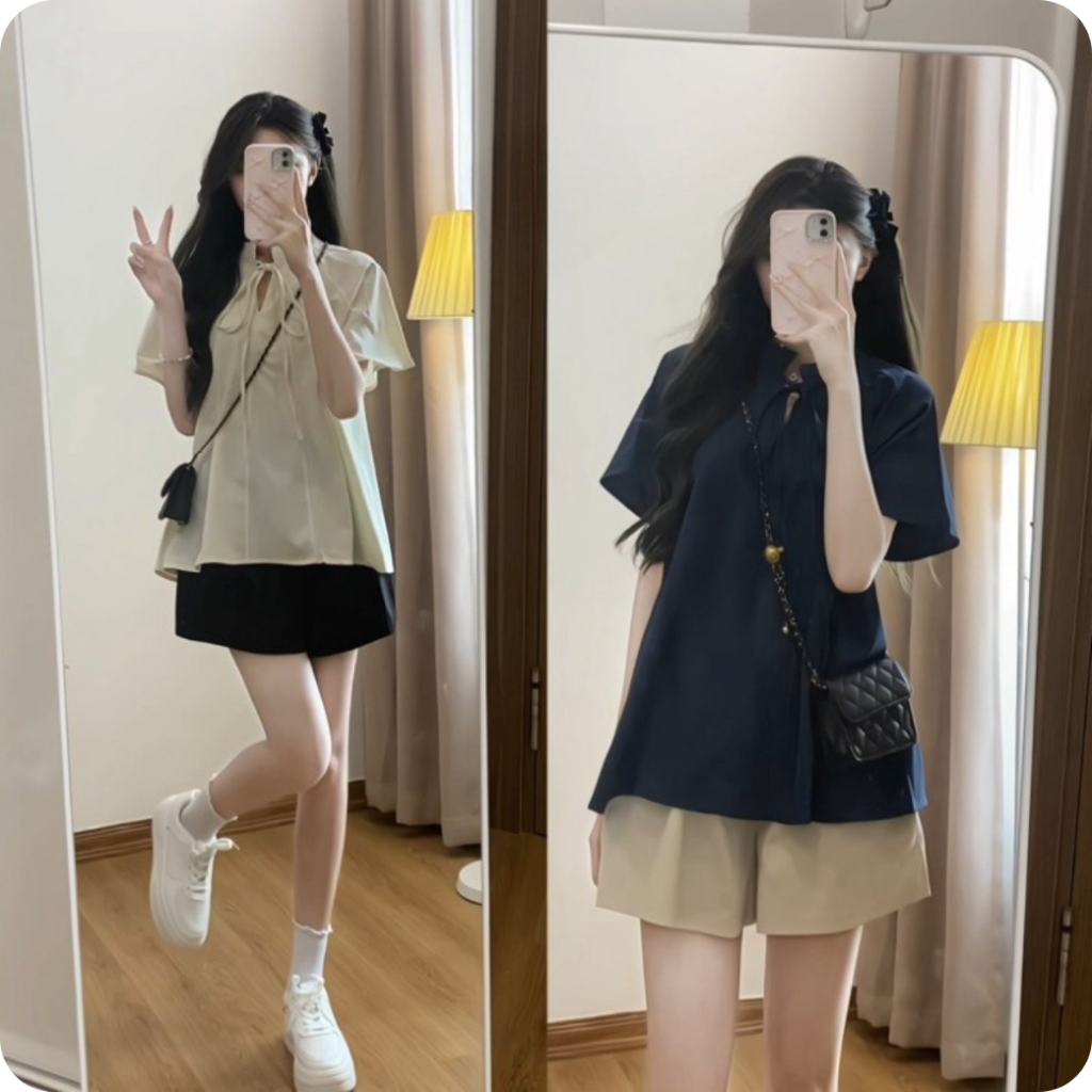 Set Áo Buộc Nơ Cổ Tàu Kèm Quần Short