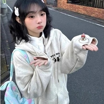 Áo khoác hoodie zip nữ có khóa kéo in mèo TOJOJIG cute, áo nỉ dáng rộng Ulzzang hàn quốc