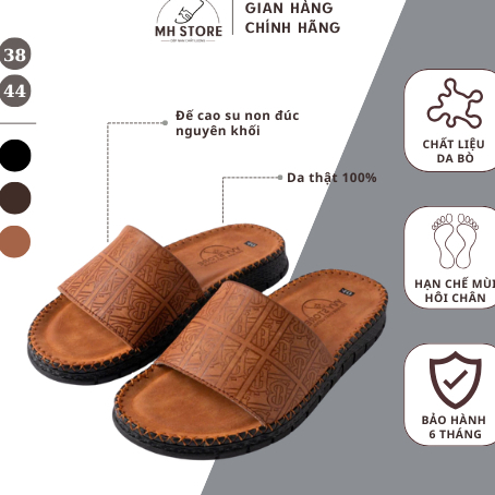 Dép Da Bò Nam Quai Ngang, Họa Tiết Nổi Bật, Đế Cao Su Non Chống Trơn - MH Store DKDB1