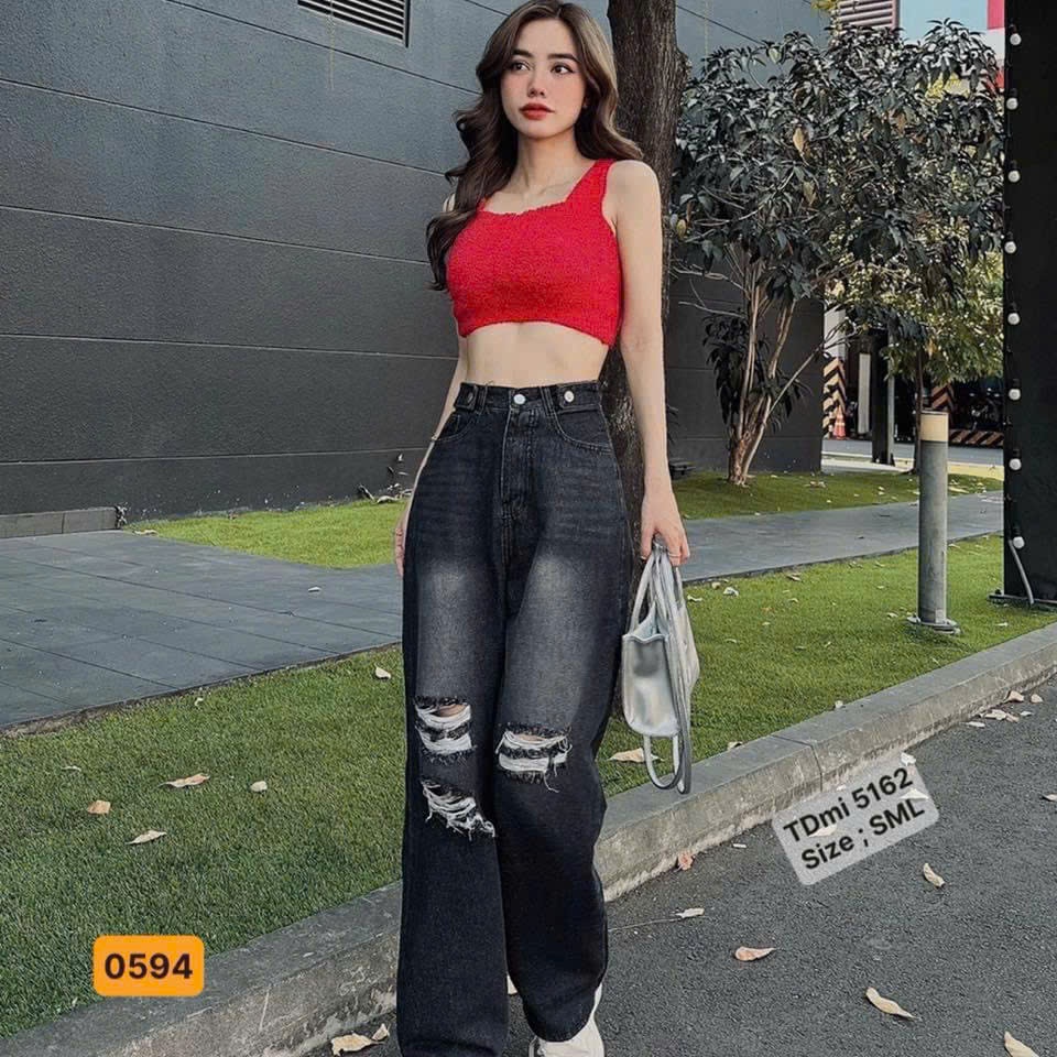 Quần jean nữ ống rộng, quần baggy nữ chất denim cạp cao phối rách thời trang A-T Fashion - MQ0594