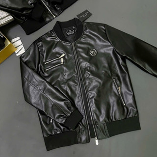 Áo Khoác Bomber Da Philipp_Plein cao cấp Áo Khoác Da Đen Phong Cách Nam Nữ Tay Dài Menswear Jacket