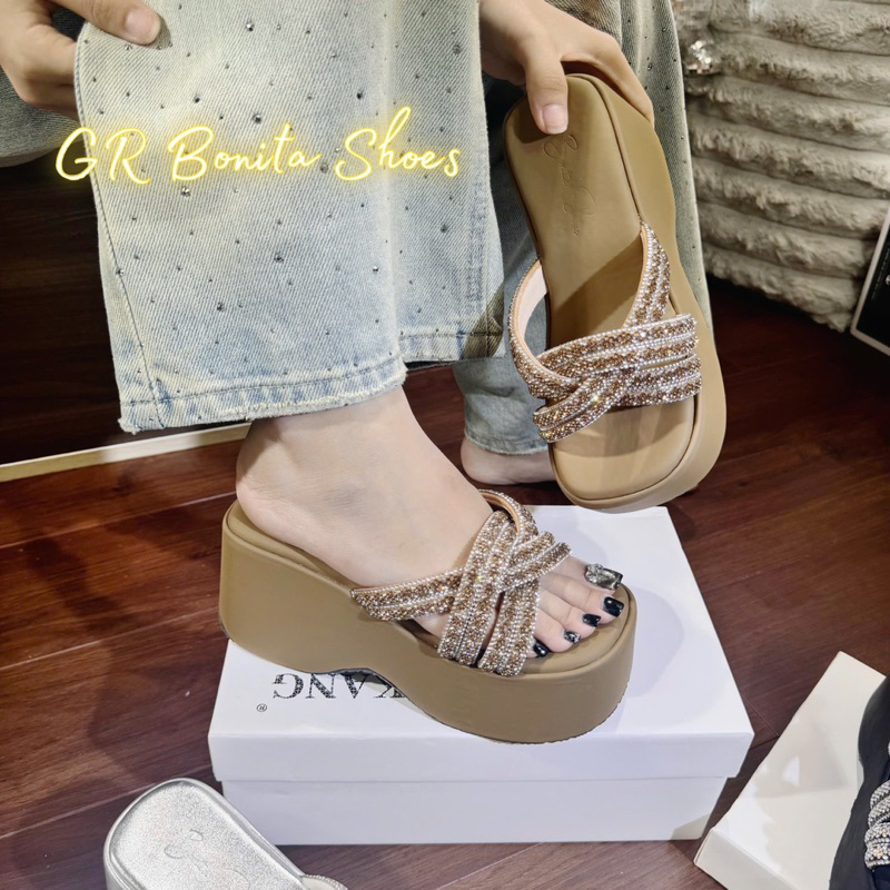 NS4 Dép xuồng 3 quai đá kép BẢN xoắn chéo cao 7 cm - Bonita Shoes BM268