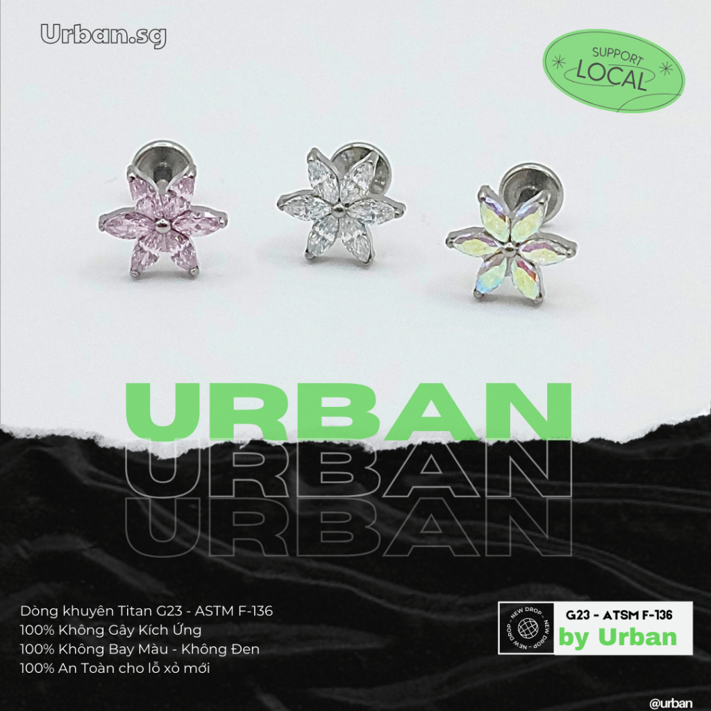[1 Mặt Khuyên] Khuyên tai, chất liệu titan G23 ASTM F-136 HOA LILY Không Ngứa Không Bay Màu urban  [