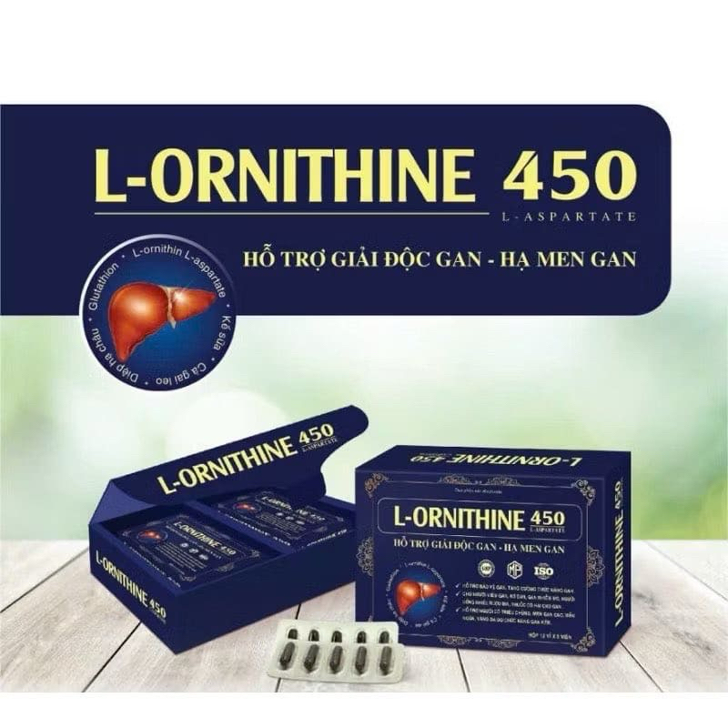 Giải độc gan L-ORNITHINE 450 hỗ trợ thải độc gan, hạ men gan (hộp 60 viên)