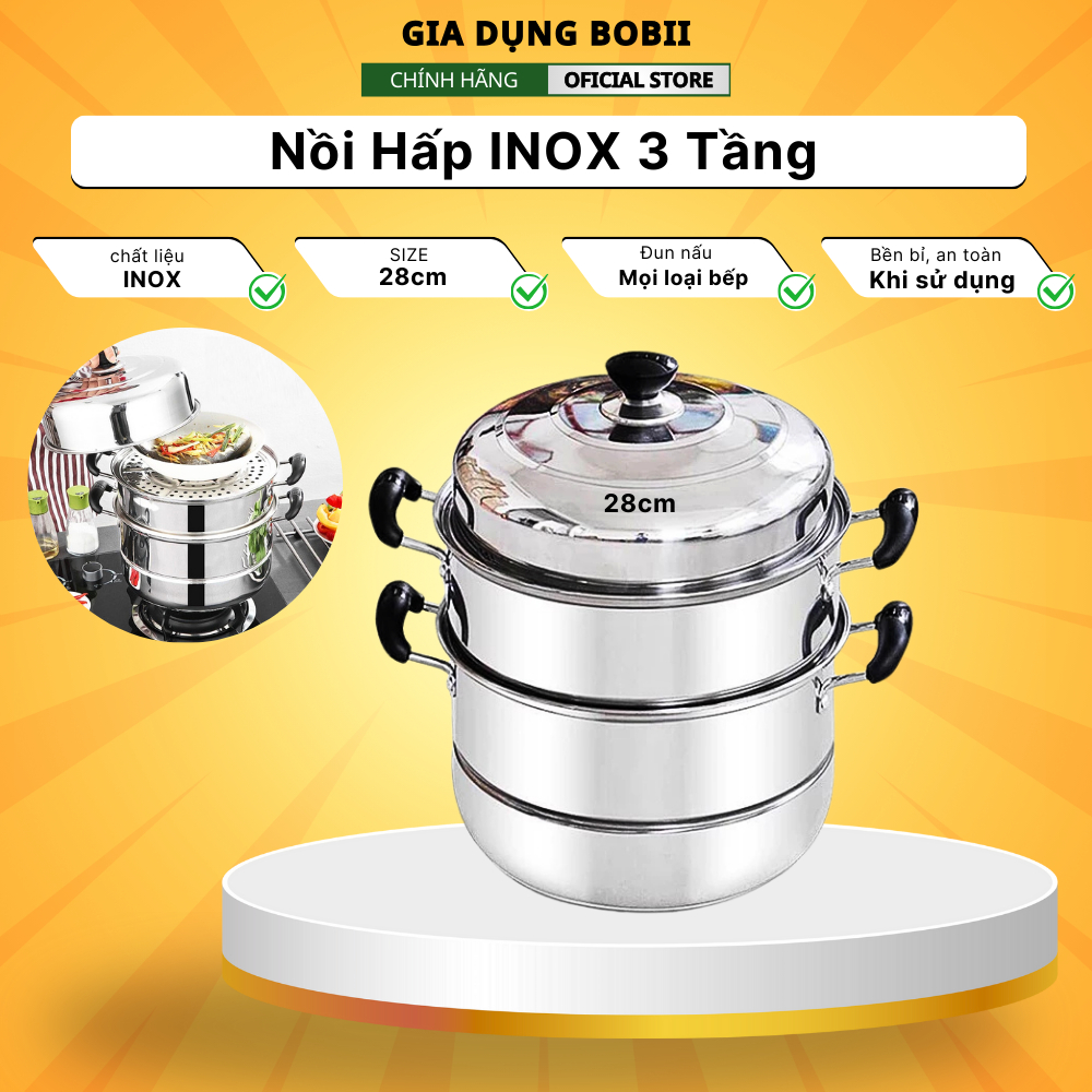 Nồi Hấp Inox 3 Tầng Siêu To Nồi Hấp Bánh Bao Bánh Flan Hấp Thức Ăn 28CM Dùng Cho Cả Bếp Từ Và Bếp Ga Tặng Kèm Xửng Hấp